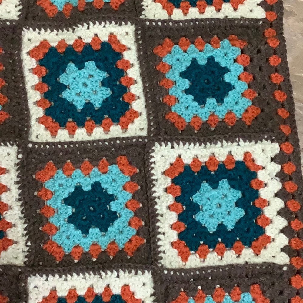 Brown, turquoise & orange granny square Afghan - Picture 4 of 6